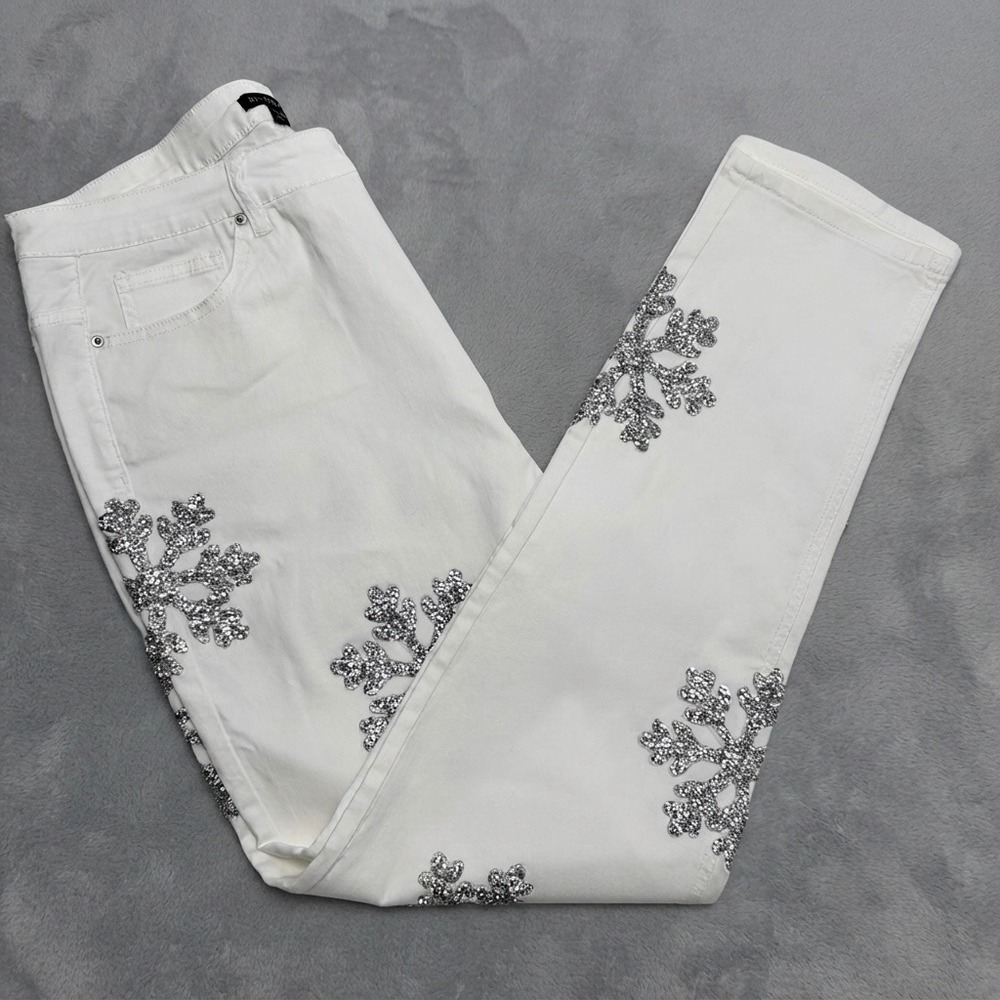Boston Proper Rhinestone Snowflake White Jeans McBling Glam Statement Pants 18